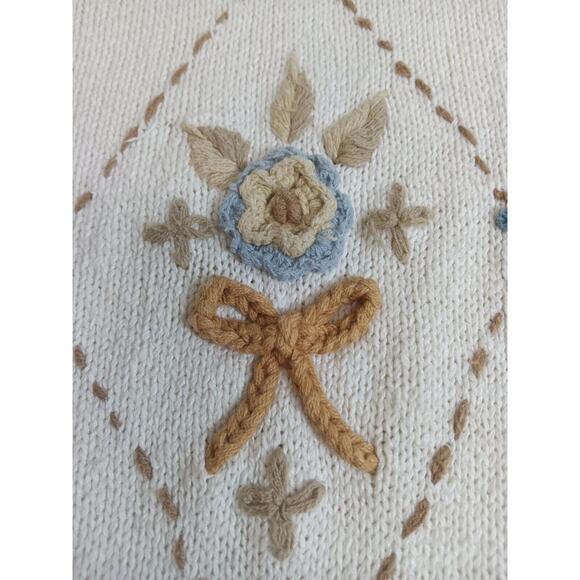 Beldoch Popper Sweater Mock Women's Medium VTG Embroidered Knit Floral Cream - Picture 14 of 16